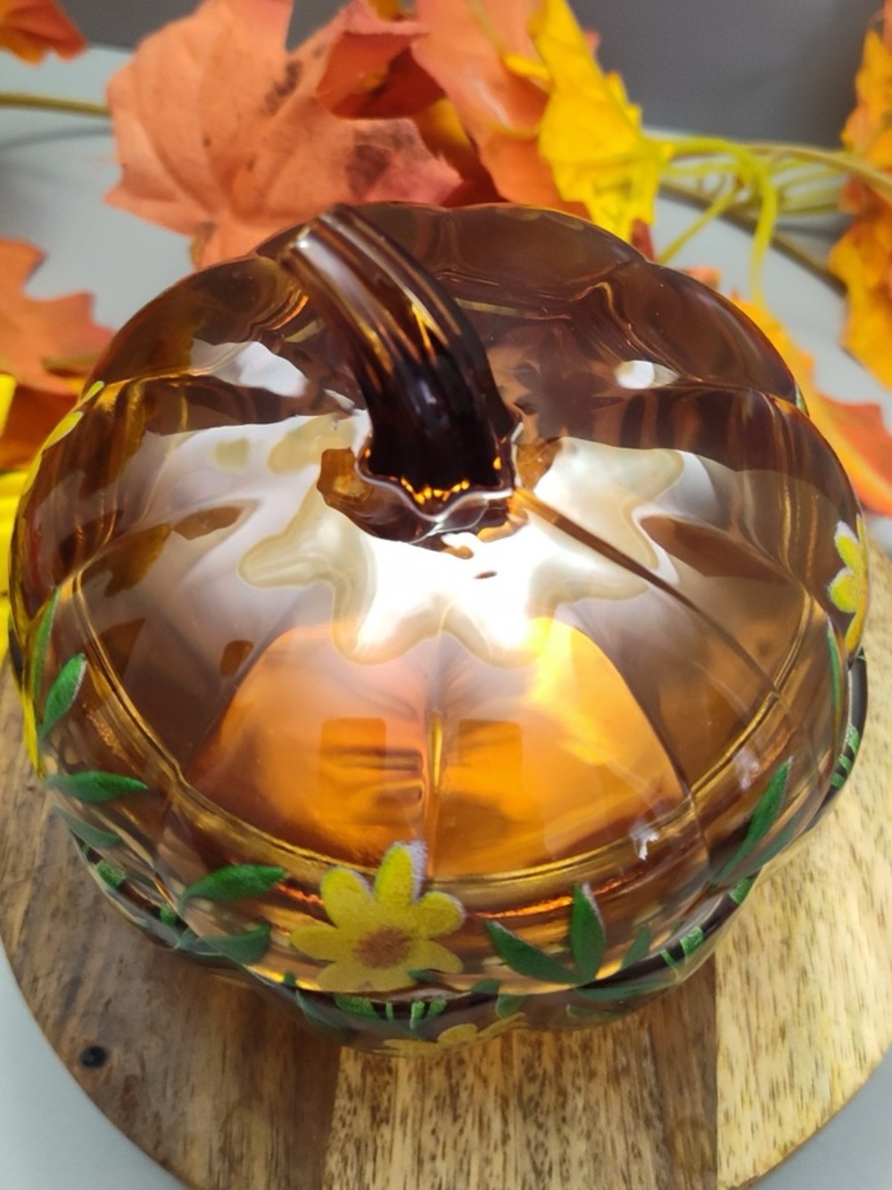 Amber Glass Pumpkin Trinket Jar Floral Fall Decor - Picture 3 of 6